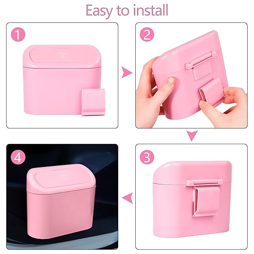 NBTEPEM Pink Car Trash Can with Lid - 2 Pack, Mini Auto Garbage Can with 60 Trash Bags, Leakproof Automotive Garbage Container Bin, Multipurpose Organizers and Storage for Car, Home, Office (Pink)