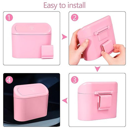 NBTEPEM Pink Car Trash Can with Lid - 2 Pack, Mini Auto Garbage Can with 60 Trash Bags, Leakproof Automotive Garbage Container Bin, Multipurpose Organizers and Storage for Car, Home, Office (Pink)