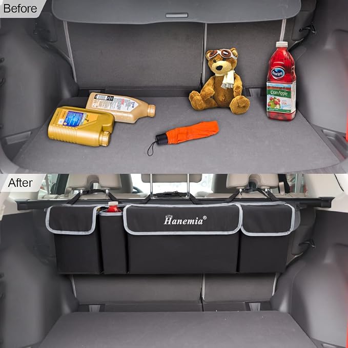 Car Trunk Organizer and Storage, Backseat Hanging Organizer for SUV, Truck, MPV, Waterproof, Collapsible Cargo Storage Bag with 4 Pockets, Car Interior Accessories (Black)