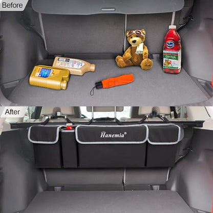 Car Trunk Organizer and Storage, Backseat Hanging Organizer for SUV, Truck, MPV, Waterproof, Collapsible Cargo Storage Bag with 4 Pockets, Car Interior Accessories (Black)