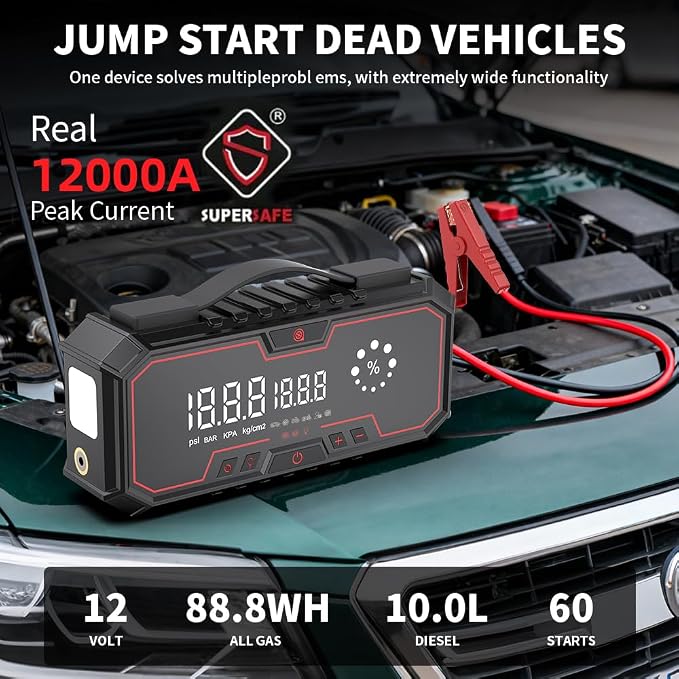 Jump Starter with air Compressor, 5000A Emergency Starter Jump Box (Gas 9L/Diesel 8L), Jumper Cable Jump Starter Portable with air Compressor 160PSI, car Roadside Emergency kit, SOS Light