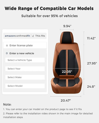 Huidasource Front Car Seat Cover, Luxury Faux Leather Car Seat Covers Front Seats, Fit Airbags, Seatbelt Buckles, Perforation, Cooling＆Heating, Universal Fit for Most Cars Vans Trucks SUVs Brown＆Black