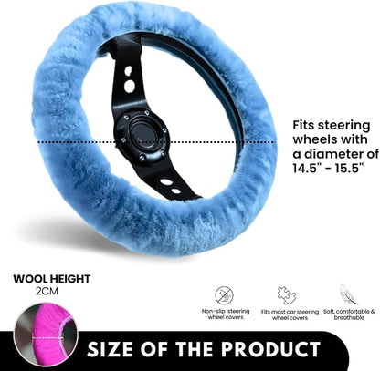 Andalus Brands Luxury Fluffy Car Steering Wheel Covers – Genuine Merino Sheepskin, Soft Fuzzy Car Steering Wheel Cover for Women, Universal 14.5-15" Size, Plush Fur Cute Auto Accessories, Sky Blue