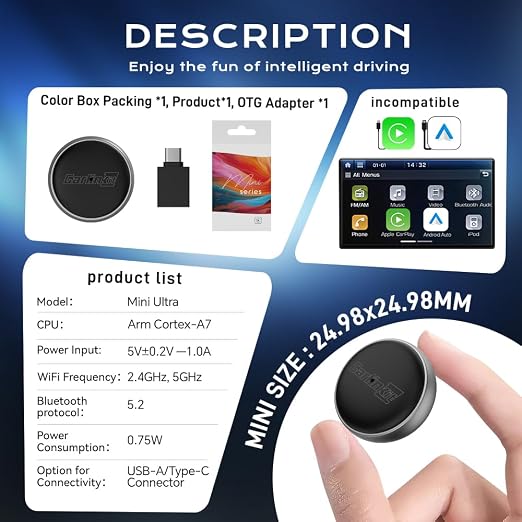 Wireless CarPlay Adapter Carlinkit MINI Ultra3│Plug & Play Convert Wired Carplay to wireles s CarPla y│Convert Wired Android AUTO to wireles s Androi d Auto│for OEM CarPla-y & OEM Android AUT-o Cars
