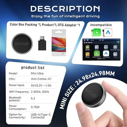 Wireless CarPlay Adapter Carlinkit MINI Ultra3│Plug & Play Convert Wired Carplay to wireles s CarPla y│Convert Wired Android AUTO to wireles s Androi d Auto│for OEM CarPla-y & OEM Android AUT-o Cars