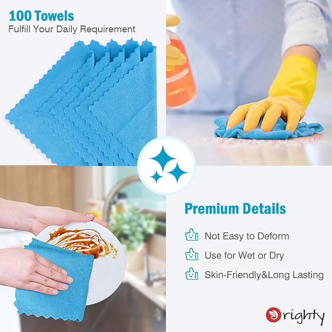 Orighty Microfiber Cleaning Cloth, 100 Pack Microfiber Towels for Cars, Multi-Purpose Shop Towels Cleaning Rags Bulk for Car, Home, Kitchen, 11.5’’ x 11.5’’, Blue