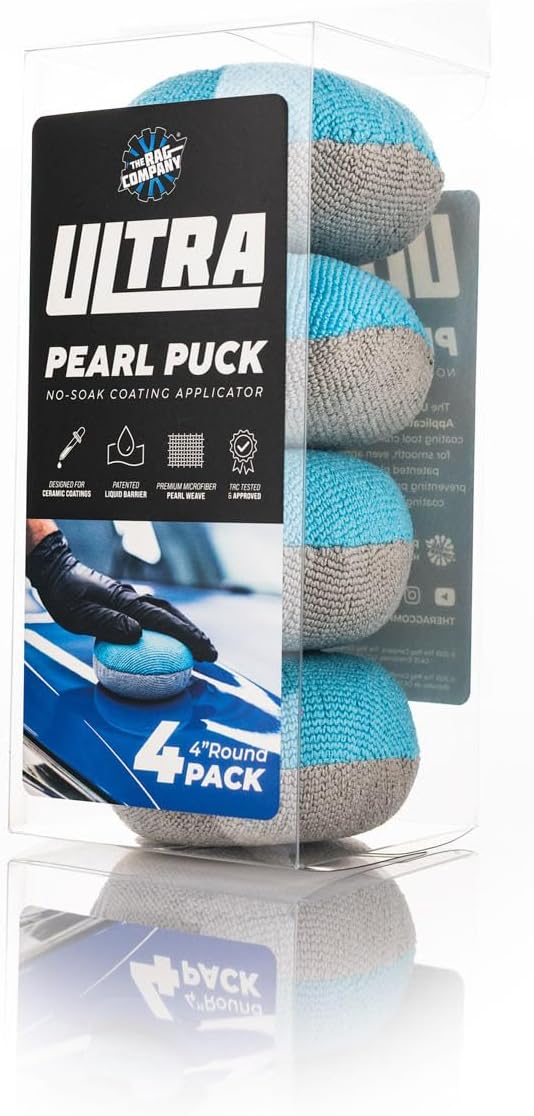 The Rag Company - Ultra Pearl Puck Applicator - Pearl Weave Microfiber with Patented No-Soak Barrier for Applying & Buffing Waxes, Coatings, & Cleaners, 4 Pack