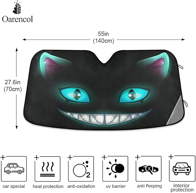 Fantasy Scary Laugh Cat Black Cheshire Halloween Car Windshield Sun Shade Foldable UV Ray Sun Visor Protector Sunshade to Keep Your Vehicle Cool (55" x 27.6")
