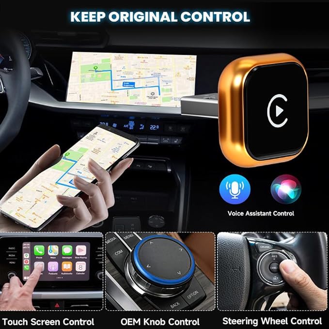 Wireless CarPlay & Android Auto Adapter for GMC Sierra HD 2016-2024,Ultra Mini Dongle Converts Easy Setup Plug and Play,Gold