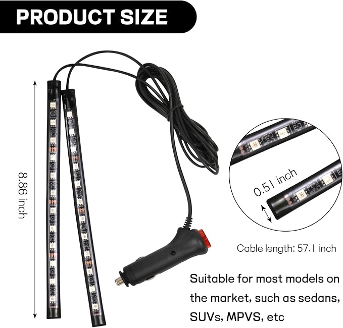 Car LED Strip Light, 12V 24 LED Interior Atmosphere Lights Under Dash Ambient Night Light, Auto Interior Decorative Lamp with Cigarette Adapter Plug, Car Accessories (White, Cigarette Lighter)