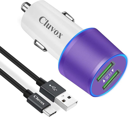Rapid USB C Car Charger, Compatible for Samsung Galaxy S26/S25 Plus/Ultra/S24/S23/S22/S21/Note 20/S20/S10/S9/A56/A36/A50/A70, Quick Charge 3.0 Dual USB 18W Fast Car Charger+ Type C Cable 3.3ft-Purple