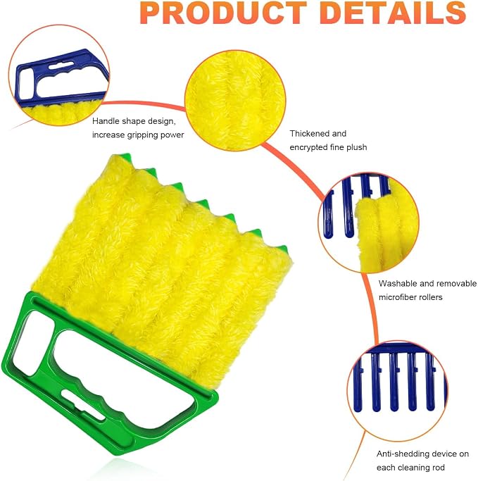 Sun Walker 2 PCS Blind Cleaner Duster Tool, 7-Finger Auto Dusting Cleaner Brush with Ergonomic Handle, Handheld Mini Duster Brush for Window Shutters Air Conditioner, Car Accessories (Blue+Green)