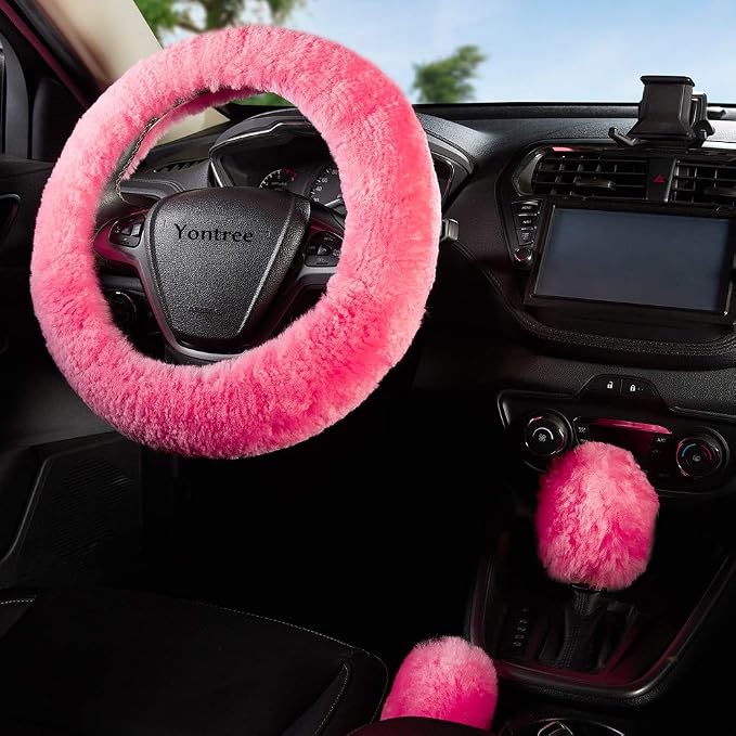 Yontree Fashion Fluffy Steering Wheel Covers for Women/Girls/Ladies Australia Pure Wool 15 Inch1 Set 3 Pcs(Pink)