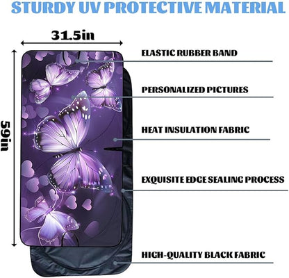 Purple Butterfly Car Windshield Sun Shield, 59*31.5 Inches, UV Rays Protection, Universal Fit for SUV, Truck, Car