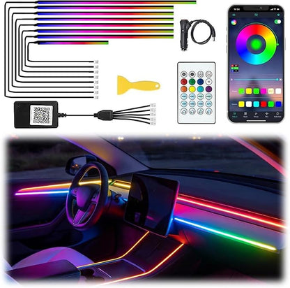 Acrylic Interior Car LED Lights with Remote and Wireless APP, Ambient Lighting Kits Fiber Optic Strip LEDs,16 Million Colors Music&DIY Function (8 in 1)