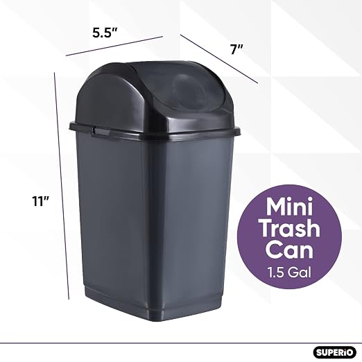 Superio Mini Plastic Trash Can with Swing Top Lid 1.25 Gallon Compact Small Waste Bin Portable Garbage Can for Countertop, Desktop, Make up Vanity, Bathroom, Car, Under Sink, Dorm,(Grey)