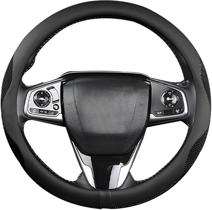 Car Steering Wheel Cover, Microfiber Breathable Ice Silk Leather Steering Wheel Cover Soft Anti-Slip Safety, 15inch Four Season Universal Fits for Most Truck,SUV,Cars (Black Ice Silk)