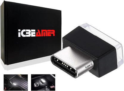 ICBEAMER Type C Adapters Atmosphere Light 1-Pack (White) | Universal Plug-in Miniature LED Night Light for Car Interior and Trunk Ambient Lighting, Easy Installation, Energy Efficient