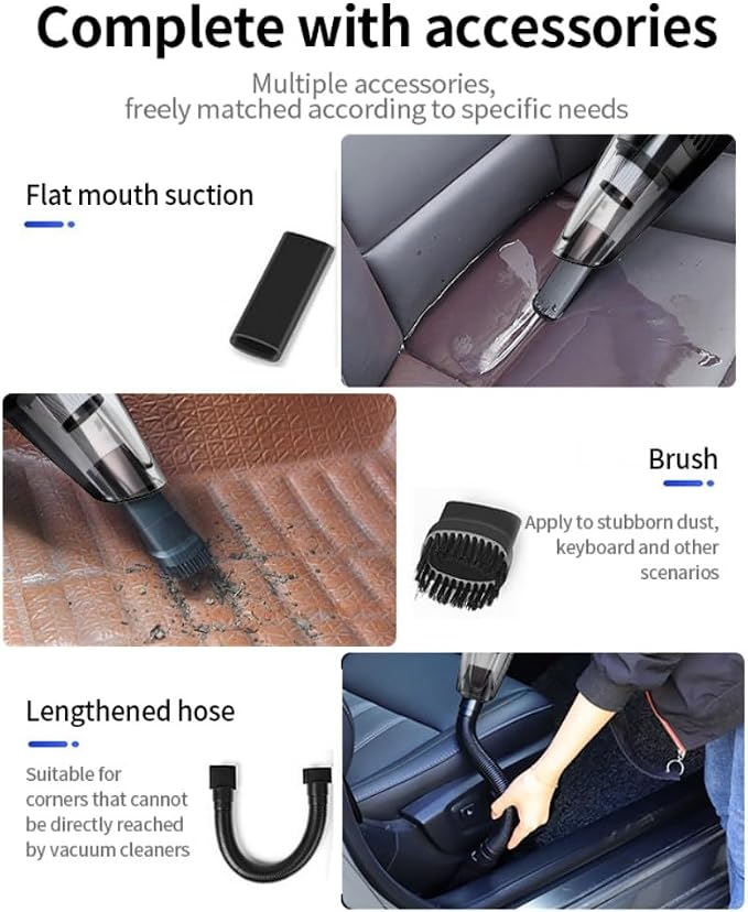 Car Vacuum Portable Cordless12000PA Strong Suction, Lightweight & Rechargeable Includes Multi-Nozzle Attachments for Car, Home, Office, and Pet Hair Compact (Black, Rechargeable)