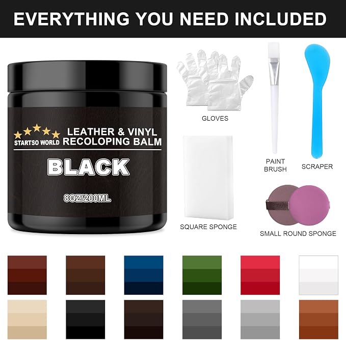 STARTSO WORLD Leather Recoloring Balm, Black Leather Repair Kit for Furniture, Leather Dye, Leather Color Restorer for Couches, Leather Couch Paint | Repair, Restore Faded & Scratched Leather
