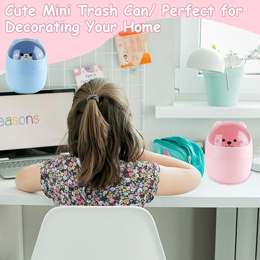 Mini Trash Can, Cute Small Trash Can with Lid, Desktop Paper Bin with 5 Rolls of Bin Liners, Portable Tabletop Dustbin, Cartoon Animal Rubbish Storage for Kitchen(Blue)
