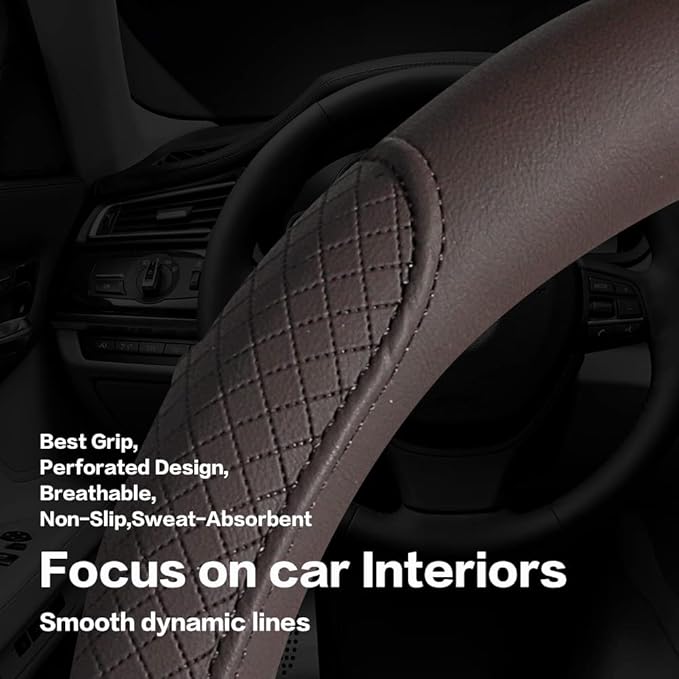Microfiber Leather Steering Wheel Cover with Classic Embossing, Anti-Slip Breathable Auto Car Wheel Protector, 15 Inch, Coffee