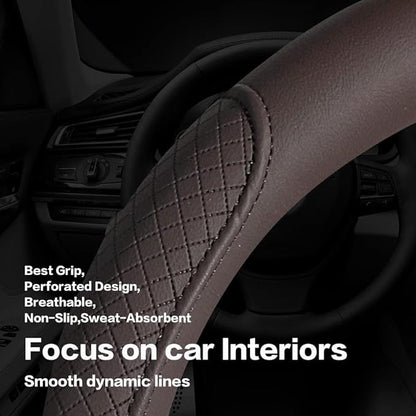 Microfiber Leather Steering Wheel Cover with Classic Embossing, Anti-Slip Breathable Auto Car Wheel Protector, 15 Inch, Coffee