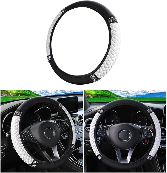 Osilly Bling Car Steering Wheel Cover, 15 Inch Rhinestones Soft Leather Elastic Steering Wheel Protector, Sparkly Crystal Diamond for Women Girls (White)