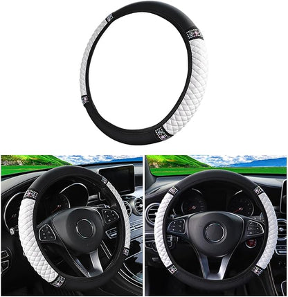 Osilly Bling Car Steering Wheel Cover, 15 Inch Rhinestones Soft Leather Elastic Steering Wheel Protector, Sparkly Crystal Diamond for Women Girls (White)