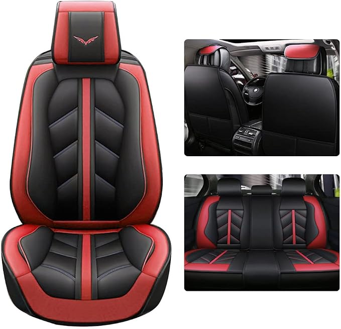 otoez Leather Car Seat Covers Full Set, Full Coverage Seat Covers for Cars, Waterproof Automotive Front & Back Seat Protector Universal Fit Most 5 Seats Car Sedan Truck SUV (Black & Red)