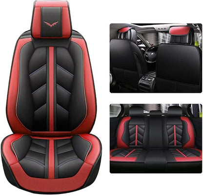 otoez Leather Car Seat Covers Full Set, Full Coverage Seat Covers for Cars, Waterproof Automotive Front & Back Seat Protector Universal Fit Most 5 Seats Car Sedan Truck SUV (Black & Red)
