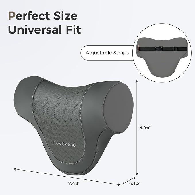 Coverado Car Headrest Pillow, Ergonomic Memory Foam Car Neck Pillow for Driving Seat with Adjustable Strap, Soft PU Leather Breathable Removable Cover Neck Support for Neck Pain Relief