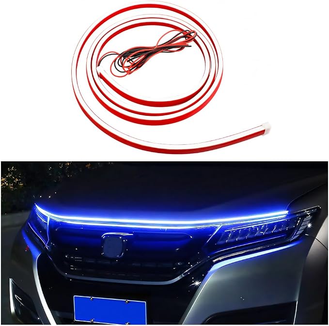 Car Hood Light Strip, 59 Inch Silicone Flexible Daytime Vehicle LED Running Lighting with Dynamic Scan Start Up Effect, Waterproof Auto Exterior Lamp Accessories, Universal Fit (Blue)