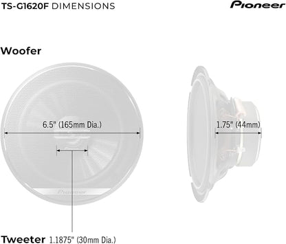 Pioneer G-Series TS-G1620F 6.5” 2-Way Speakers (Pair) – 300W Max, Balanced Sound + Smooth Treble, Great Stock Replacement, High-Efficiency Speaker Designed for OEM Power