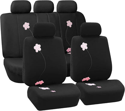 FH Group Full Set Cloth Car Seat Covers, Universal Fit, Low Back Front Seat Covers, Airbag Compatible, Split Bench Rear Seat, Washable Seat Cover For SUV, Sedan, Van, Black