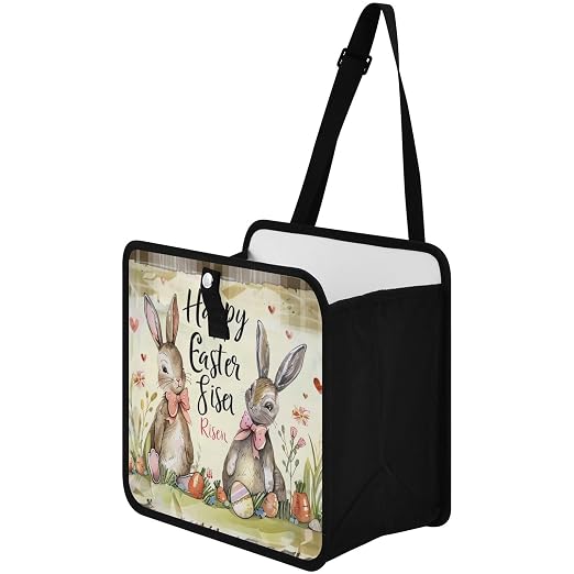 Car Trash Can Organizer Bin with Adjustable Strap for Back Front Seat Console Waterproof Leakproof Collapsible Portable 8.66 Inch Happy Easter Bunny Carrot