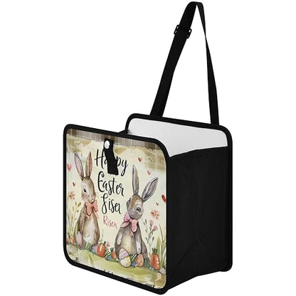 Car Trash Can Organizer Bin with Adjustable Strap for Back Front Seat Console Waterproof Leakproof Collapsible Portable 8.66 Inch Happy Easter Bunny Carrot