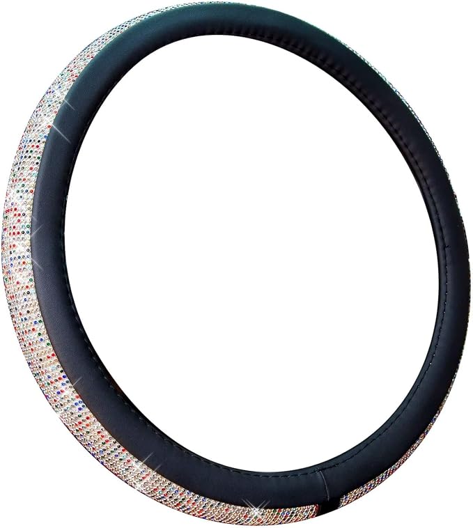 New Diamond Leather Steering Wheel Cover with Bling Bling Crystal Rhinestones, Universal Fit 15 Inch Car Wheel Protector for Women Girls Black with Colorful Diamonds