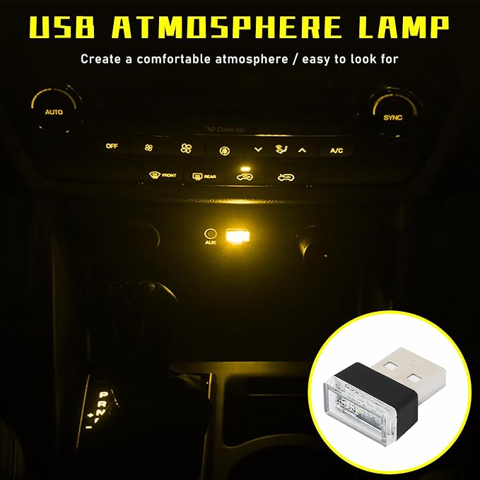 Augeny 4 PCS USB LED Car Interior Atmosphere Lamp, Plug-in USB Decor Night Light, Portable Auto Ambient Lighting Kit, Universal Vehicle Interior Accessories for Most Cars (Yellow)