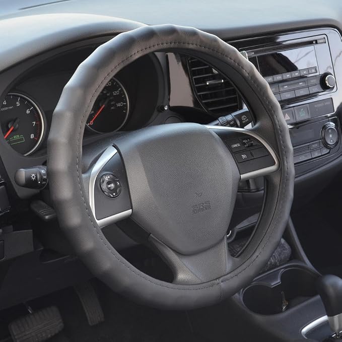 BDK SW-899-LK Black Leather Car Steering Wheel Cover Large Size 15.5 to 16 inch, Easy Installation