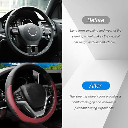 Car Steering Wheel Cover, 14.5"-15" Leather Anti-Slip Sporty Vehicle Steering Wheel Protector, Soft Breathable Auto Interior Decoration Accessories, Universal for SUV Truck Sedan (Wine Red)