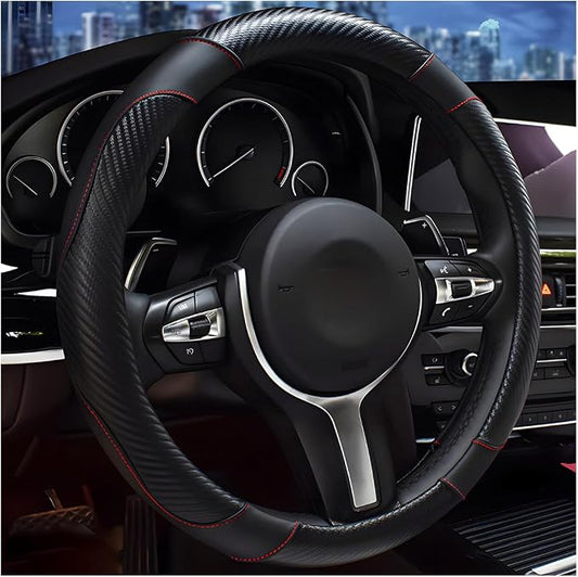 DXNQ Car Steering Wheel Cover, 15 Inch Carbon Fiber Leather Stitching Color Steering Wheel Protector, Anti-Slip Elastic Breathable Steering Wheel Cover Stylish Decor for Most Cars (Black)
