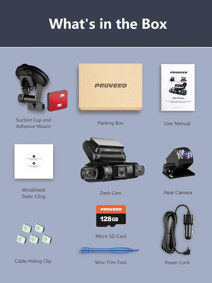 PRUVEEO 360° 4 Channel Dash Cam Front and Rear Inside Left Right, Dash Camera for Cars, Built-in GPS WiFi Night Vision, 24/7 Recording Parking Mode Monitor, 128G Card Included