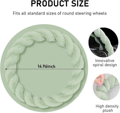 KVAEY Fluffy Car Steering Wheel Cover, 15 Inches Anti-Slip Round Fuzzy Winter Steering Wheel Protector, Soft Warm Plush Steering Wheel Cover for Women Girls, Car Accessories (Green, Round)
