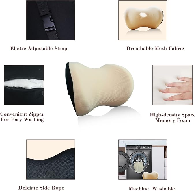 Super Comfy Car Headrest Pillow, Car Pillow for Neck Pain Relief with Adjustable Strap, 100% Memory Foam & Breathable Removable Cover, Ergonomic Design - Softness Travel Car Neck Pillow(Beige, 1PC)