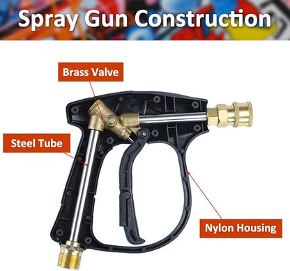 Bear Force High Pressure Washer Gun 3000 PSI Max, Power Washer Short Gun M22-14mm with 1/4 Inch Quick Plug & 5 Tips Nozzle, Compatible for Some of Greenworks Kar-cher Ryobi Homelite Pressure Washer