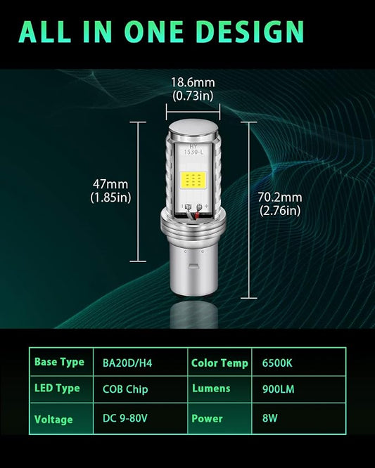 BA20D H616 COB 12W LED Aluminium Bulbs White Motorcycle Lights Bulb Backup Signal Blinker Stop Brake Tail Motorbike Light Bulbs Battery Car LED Headlight 900LM High/Low Beam(Pack of 2)