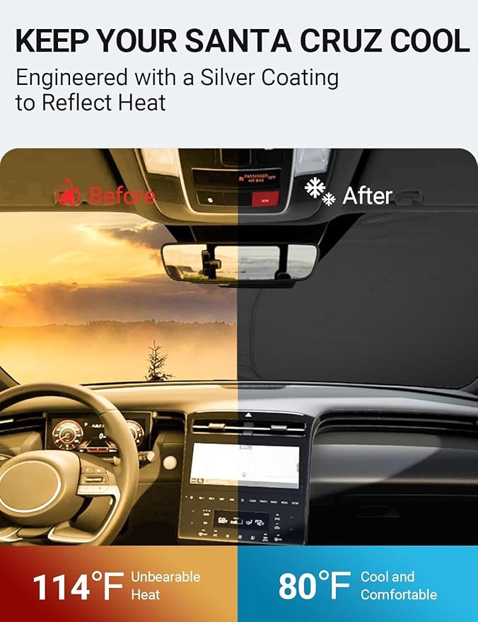 Proadsy Windshield Sun Shade Custom Fit Hyundai Santa Cruz 2022-2025 2026 4-Layer Foldable Front Sunshade Protector Sun Visor Blocks UV Rays Keep Car Cooler