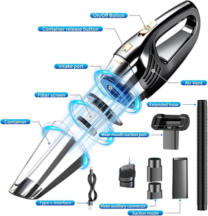 Car Vacuum Portable Cordless12000PA Strong Suction, Lightweight & Rechargeable Includes Multi-Nozzle Attachments for Car, Home, Office, and Pet Hair Compact (Black, Rechargeable)