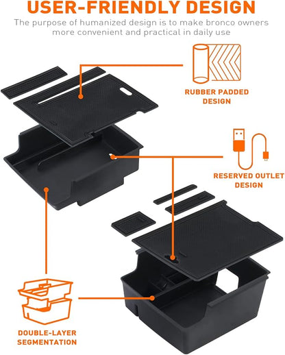 Savadicar Center Console Organizer – 2PCS Armrest Storage Tray for 2021 2022 2023 2024 Ford Bronco (Not for 2025 Version and Sport models), ABS Three-Tier Divider Insert, Black Interior Accessory